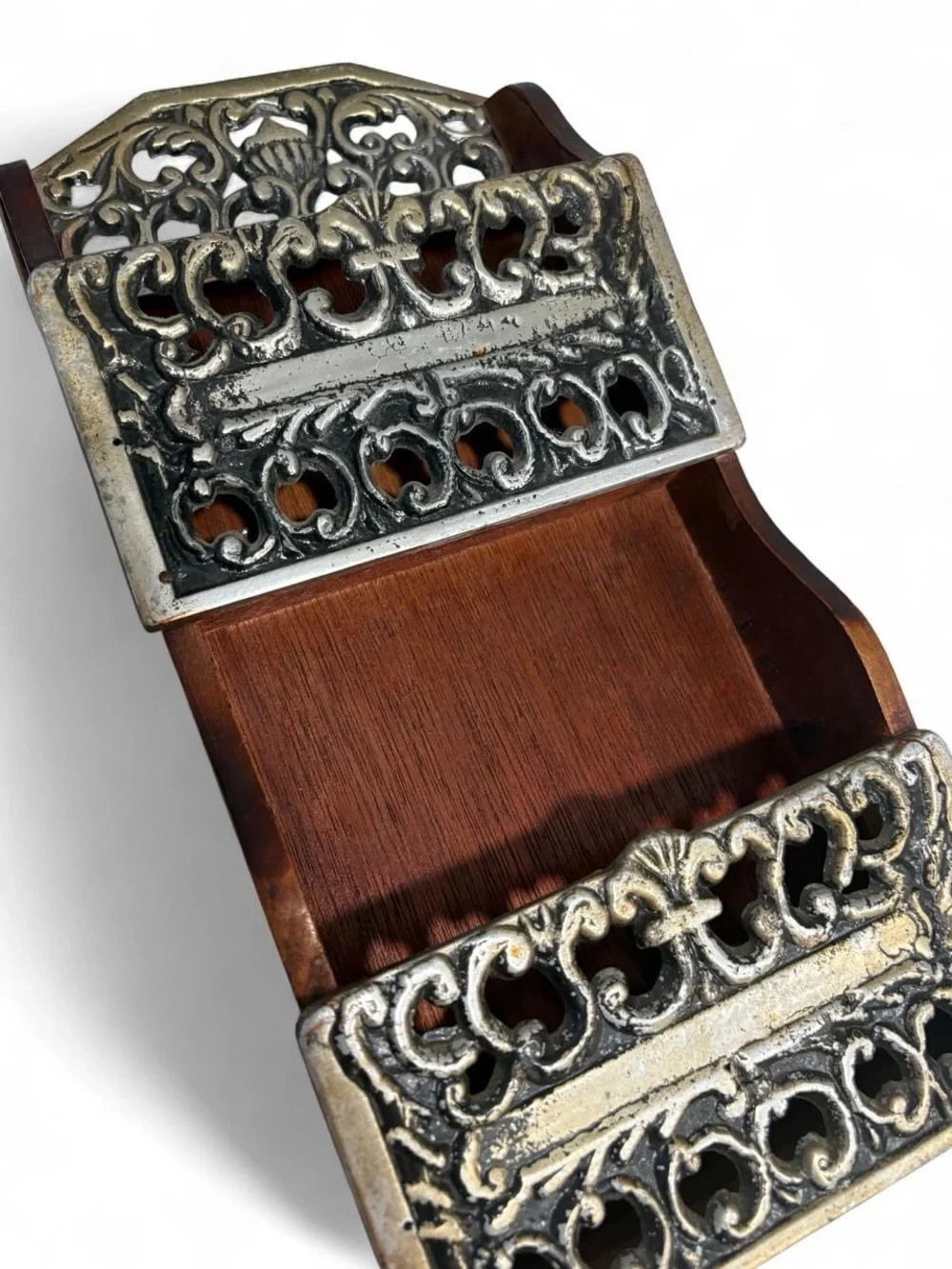 Mail Organizer- Wood & Aluminum, Hand Crafted, Scroll Detail, Vintage 70's